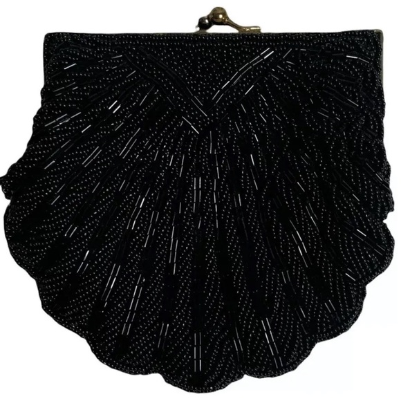 Beaded Purse Vintage Evening Hand Bag Clamshell Black Shell Formal Clutch Retro - Picture 8 of 8